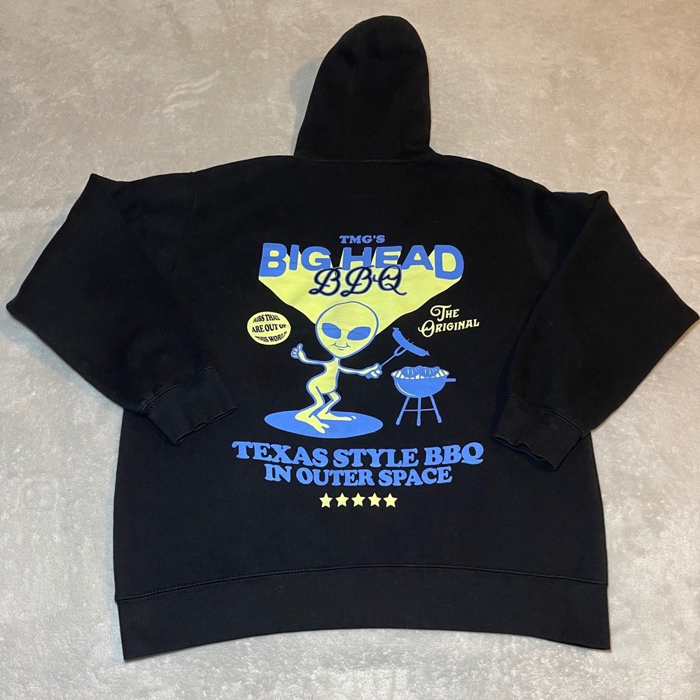 TMG Hoodie Mens XL Black Big Head BBQ Alien Graphic Texas Style Streetwear Gym